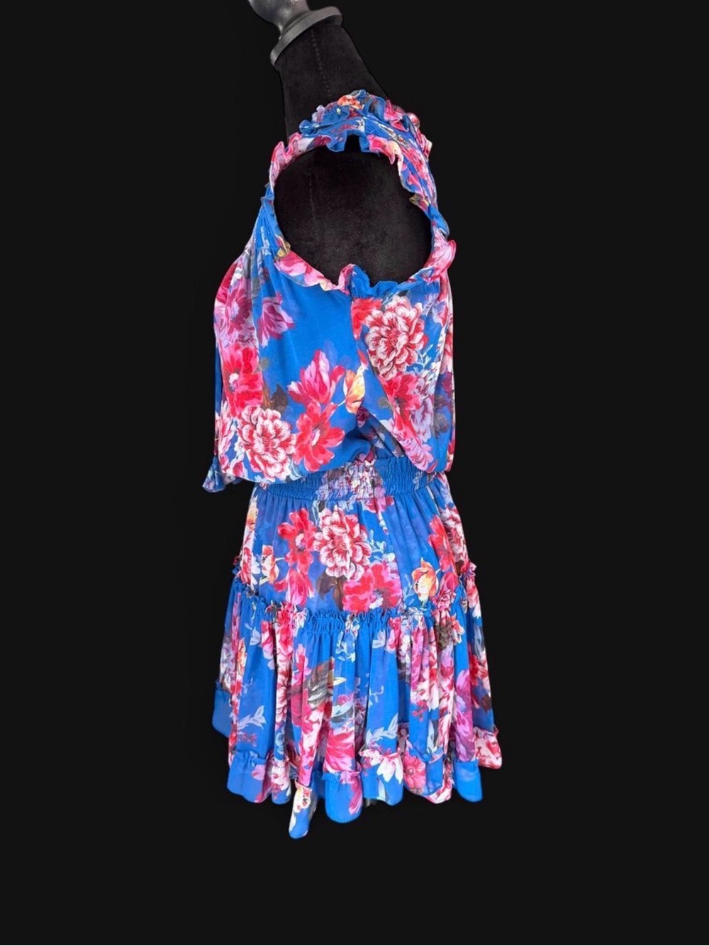 MISA Los Angeles Blue Floral Smocked Ruffle Tiered Mini Dress Medium - Picture 3 of 5